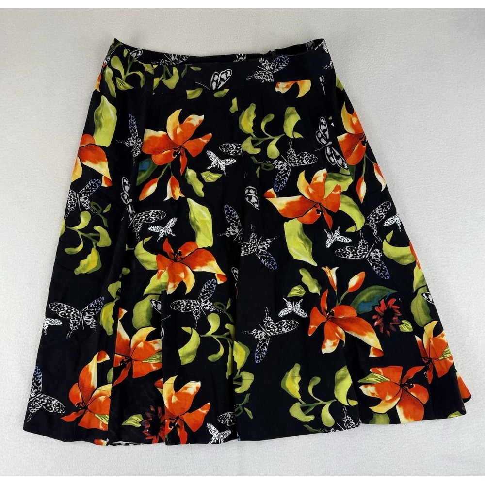 Soft‎ Surroundings Womens Midi Skirt Size PL Black Colorful Floral Butterfly Zip